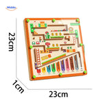Wooden magnetic bead maze with 23x23cm dimensions.