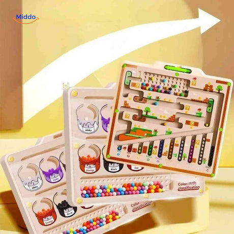 Educational magnetic maze for color recognition and learning.