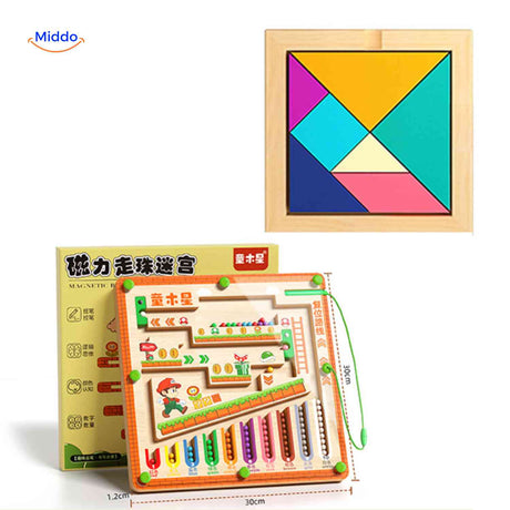 Large wooden magnetic maze with included tangram puzzle game.