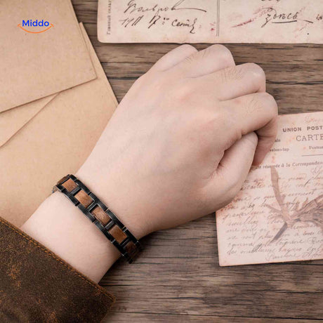 Wooden bracelet for men displayed on wrist showing proper fit and comfort.