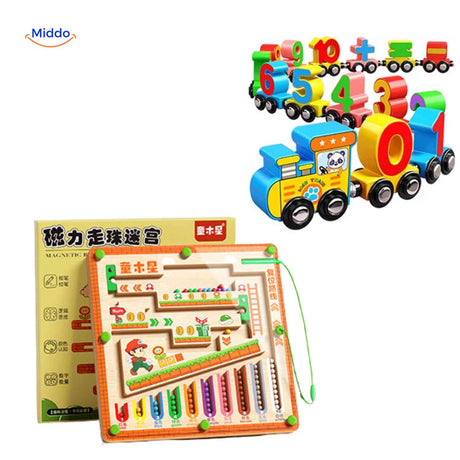 Wooden number toy train combined with magnetic bead maze.