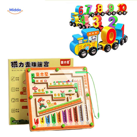 Educational number train with integrated magnetic bead maze.