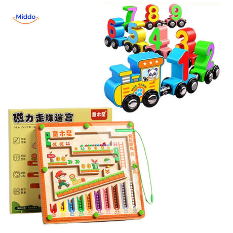 Wooden number train toy combined with magnetic maze.