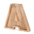 Wooden piggy bank shaped like alphabet letter A, fun money container for kids.