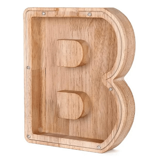 Wooden piggy bank shaped like alphabet letter B, educational saving toy for children.