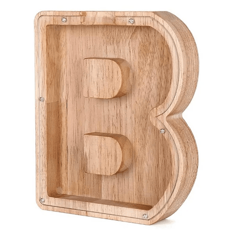 Wooden piggy bank shaped like alphabet letter B, educational saving toy for children.