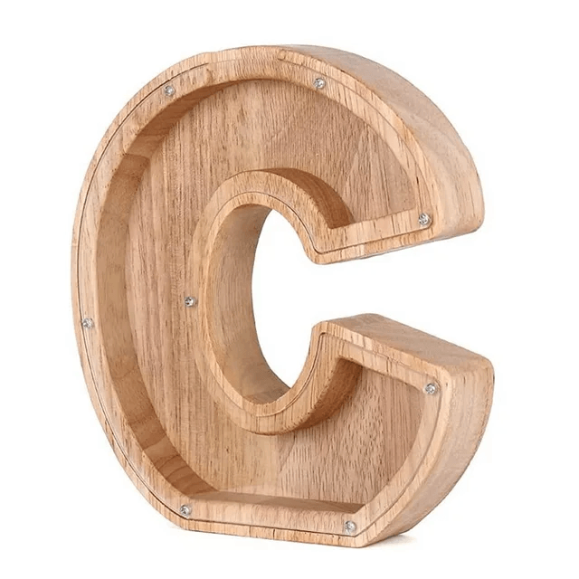Wooden piggy bank shaped like alphabet letter C, stylish money bank for kids.