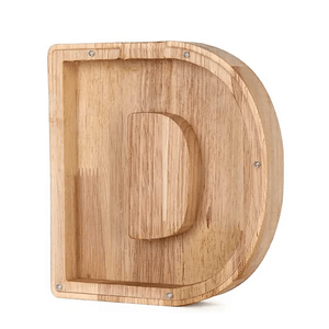 Wooden piggy bank shaped like alphabet letter D, natural wood toy bank for children.
