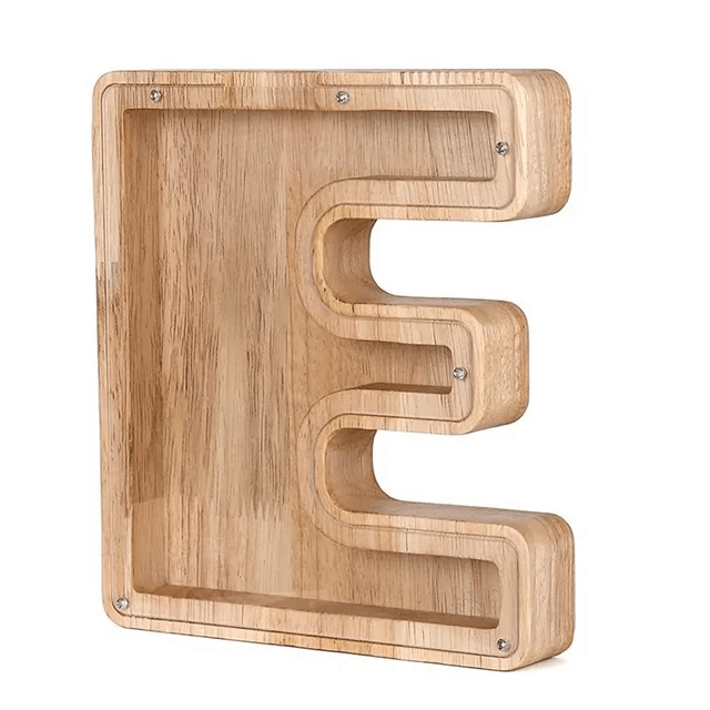 Wooden piggy bank shaped like alphabet letter E, eco-friendly savings container for kids.