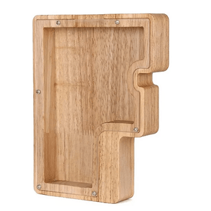 Wooden piggy bank shaped like alphabet letter F, educational toy bank for children.
