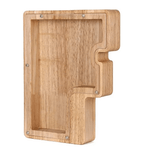 Wooden piggy bank shaped like alphabet letter F, educational toy bank for children.