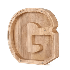 Wooden piggy bank shaped like alphabet letter G, fun money savings bank for kids.