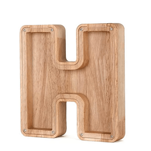 Wooden piggy bank shaped like alphabet letter H, natural wood toy for child's savings.
