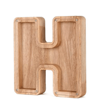 Wooden piggy bank shaped like alphabet letter H, natural wood toy for child's savings.