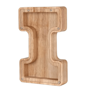 Wooden piggy bank shaped like alphabet letter I, eco-friendly bank for children.