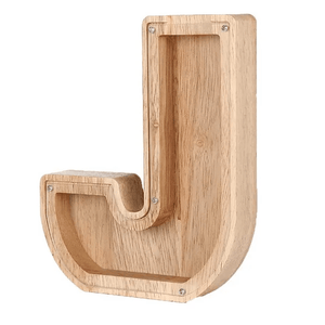 Wooden piggy bank shaped like alphabet letter J, educational money container for kids.