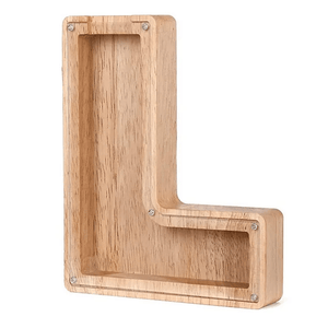 Wooden piggy bank shaped like alphabet letter L, natural wood bank for kid's savings.