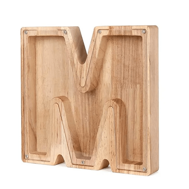 Wooden piggy bank shaped like alphabet letter M, fun educational bank for children.