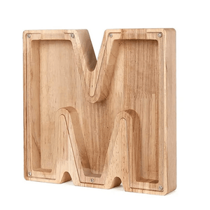 Wooden piggy bank shaped like alphabet letter M, fun educational bank for children.