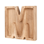 Wooden piggy bank shaped like alphabet letter M, fun educational bank for children.