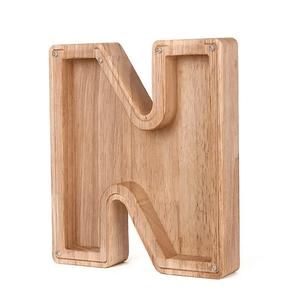 Wooden piggy bank shaped like alphabet letter N, eco-friendly toy bank for kids.