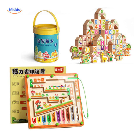 Wooden puzzle blocks for educational learning and motor skills.