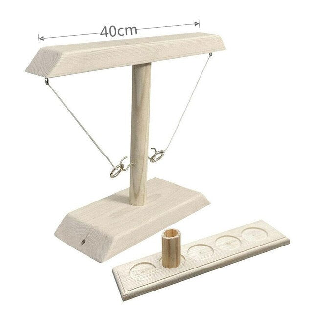 White wooden ring toss game complete set, 40cm height party toy.