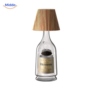Table lamp with natural wooden shade for drink bottles and wine.