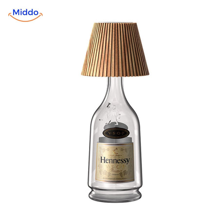 Table lamp with natural wooden shade for drink bottles and wine.