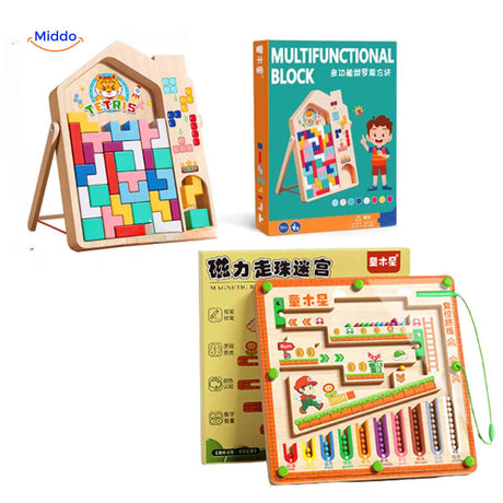 Wooden tetris-style puzzle blocks for children.
