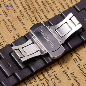 Wooden chronograph watch stainless steel bracelet clasp closeup.