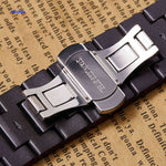 Wooden chronograph watch stainless steel bracelet clasp closeup.