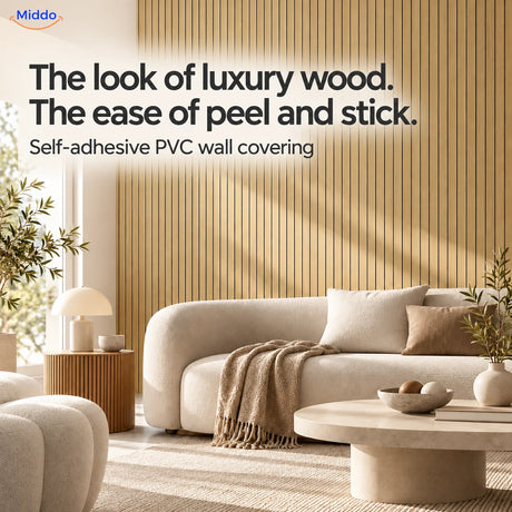 Woodline wood-look self-adhesive PVC wall covering in a living room