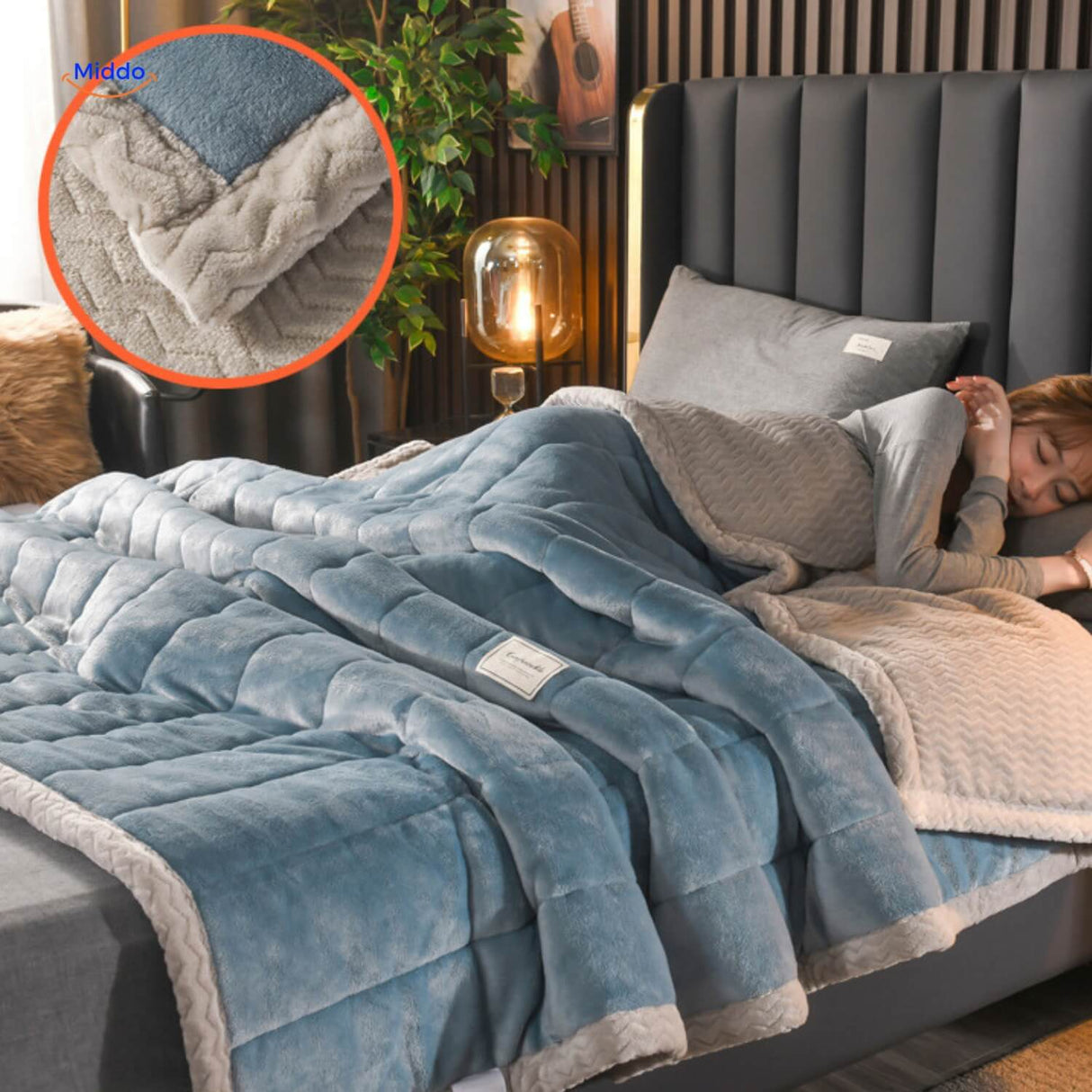 Light blue and grey two-tone wool blanket displayed on bed.