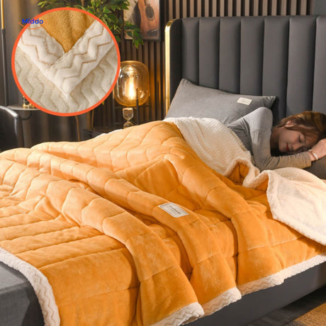 Orange and white colorblock plush wool blanket for bedding.