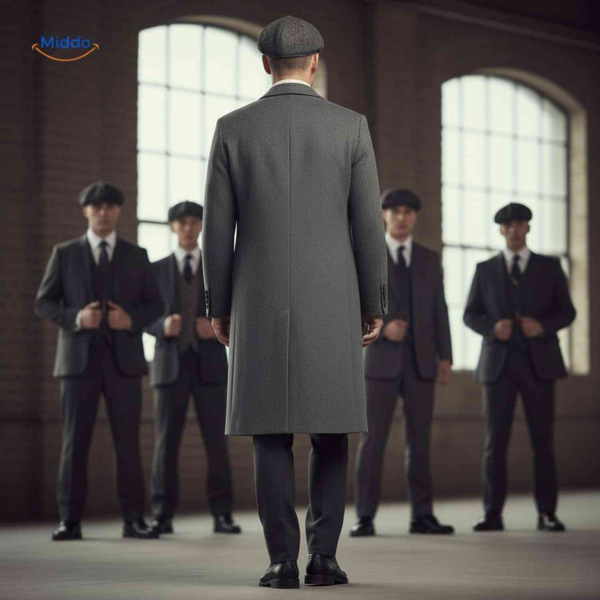 Rear view of a mens grey wool long overcoat showing clean back silhouette and hem.