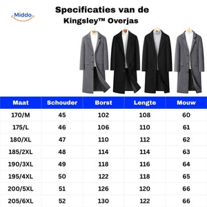 Size chart and measurements guide for the mens wool long overcoat with fit specifications.