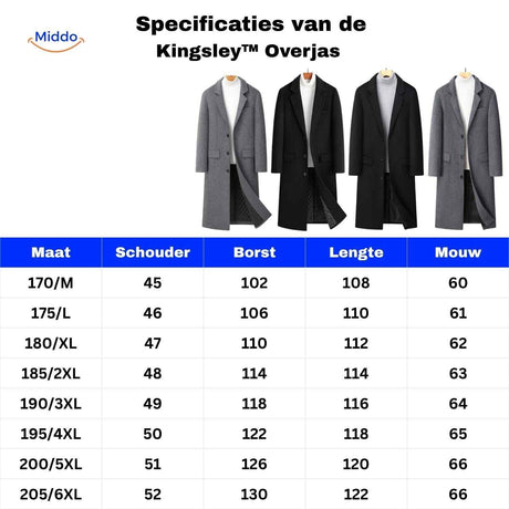 Size chart and measurements guide for the mens wool long overcoat with fit specifications.