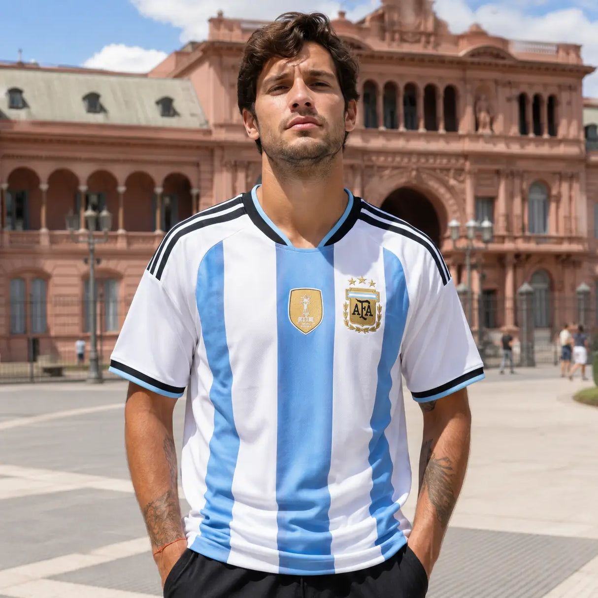 Argentina light blue and white national colors World Cup jersey.
