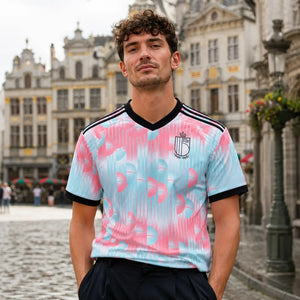 Belgium blue and pink World Cup supporters jersey with national colors.