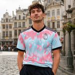 Belgium blue and pink World Cup supporters jersey with national colors.