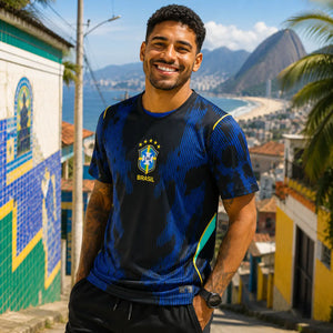 Brazil blue World Cup supporter jersey featuring national colors.