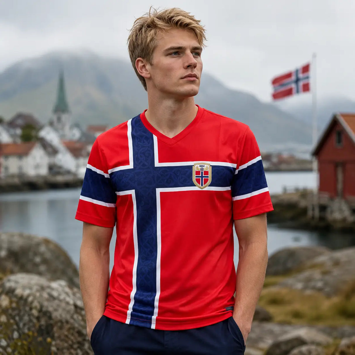 Norway red and blue World Cup supporter jersey.