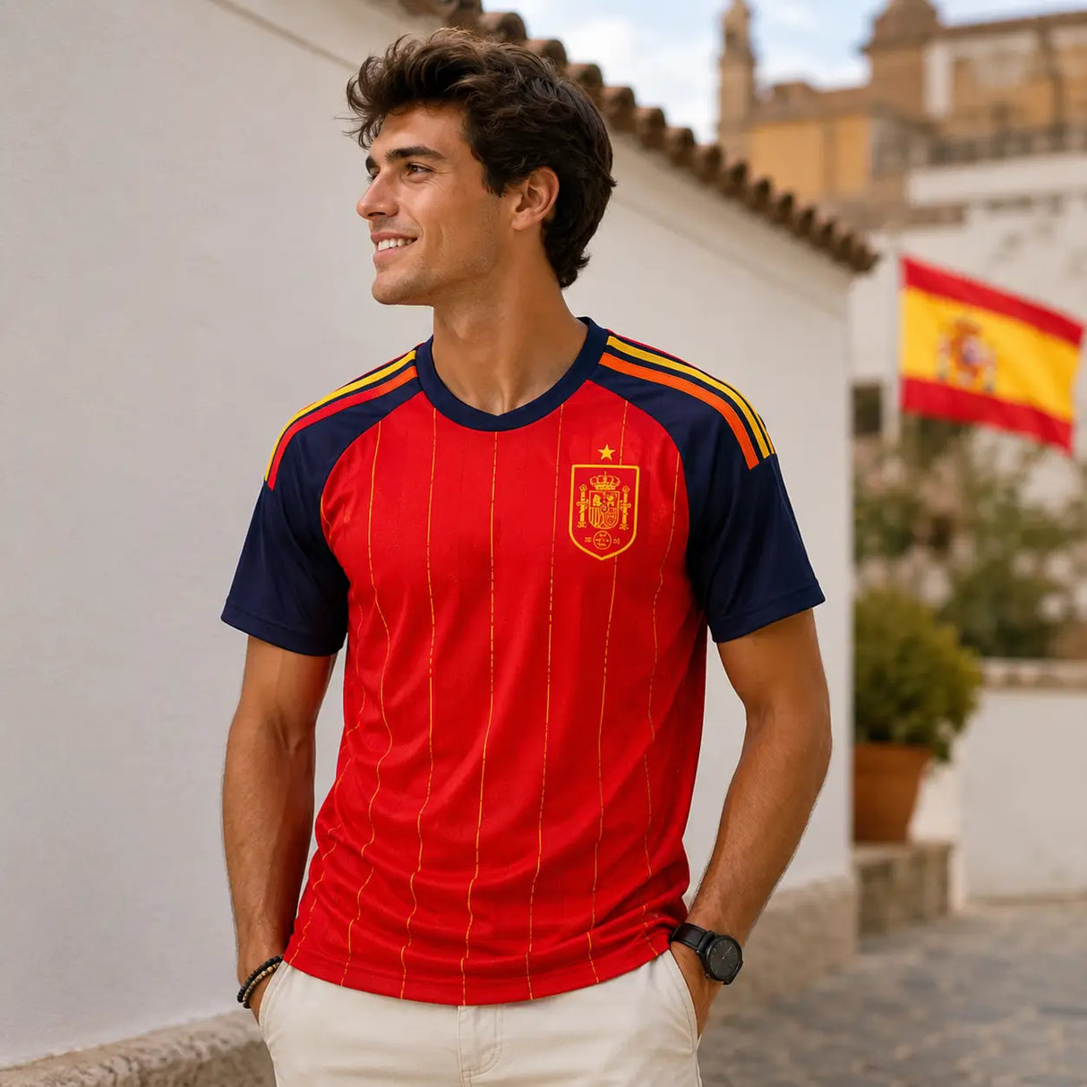 Spain red and dark blue national colors World Cup supporter jersey.