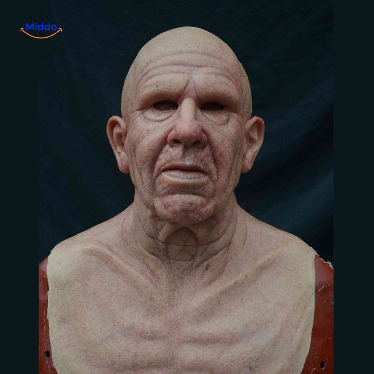 Heavily wrinkled bald aged man mask with deeply etched facial lines.