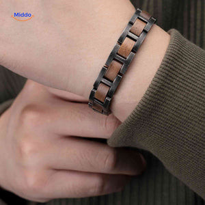 Full wrist view of wooden bracelet demonstrating natural wood color and design.