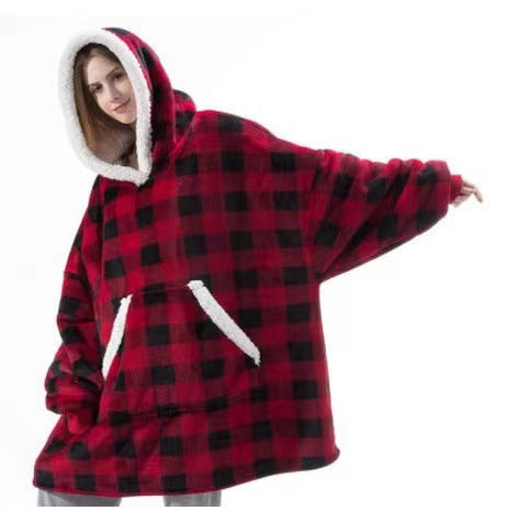 Oversized XXL sherpa fleece hoodie demonstrating generous relaxed fit and warmth.