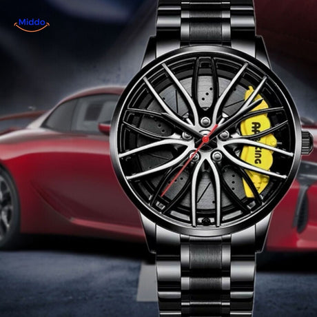 Automatic watch with yellow accents and leather band for classic appeal.