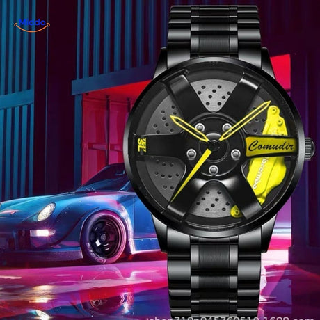 Classic automatic watch with yellow accents and quality leather band.