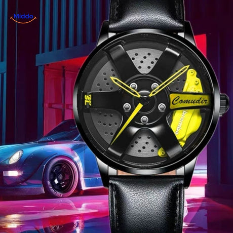 Men's automatic watch with yellow accents and modern mesh band styling.